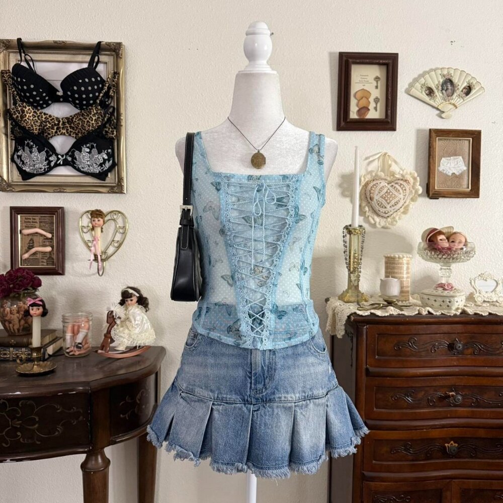 y2k dainty coquette sheer baby blue mesh polkadot and butterfly print corset top